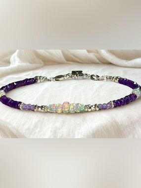Ethiopian Opal, Pink Amethyst & Deep Purple Amethyst Bracelet in Sterling Silver
